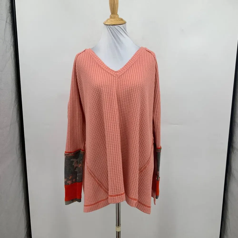 Free People Top Women XS Extra Small Lovin Leopard Thermal Waffle Knit Oversized